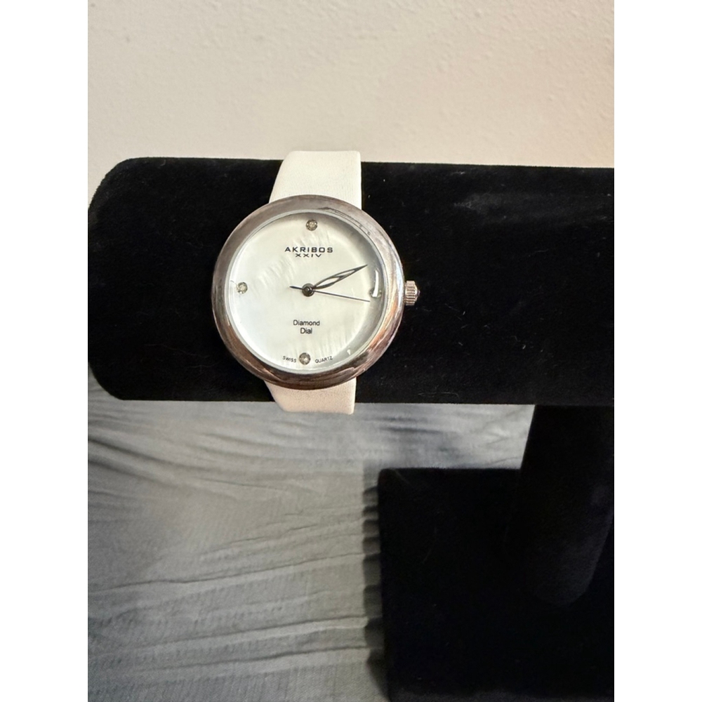 Akribos XXIV Women’s Watch Diamond Dial Mother of Pearl White Strap Swiss Quartz